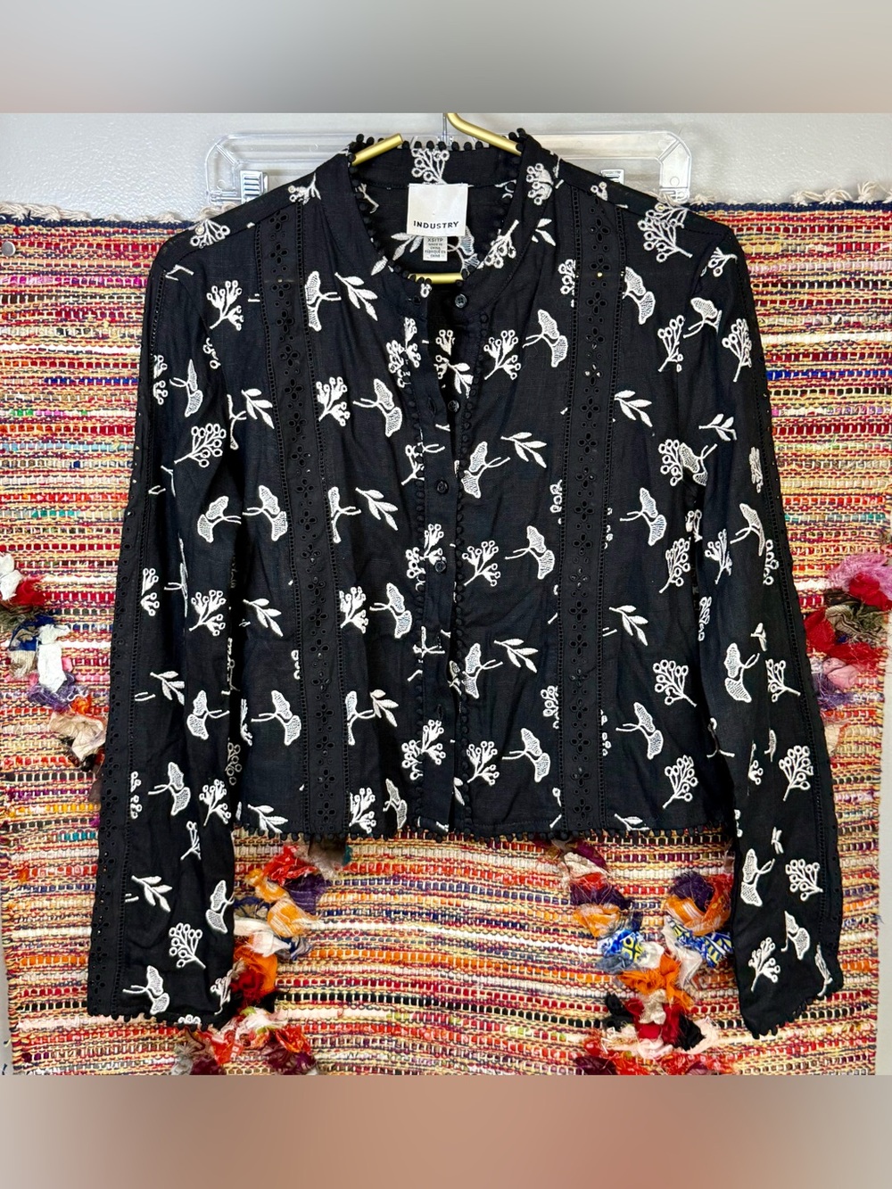 Industry brand black embroidered button-front blouse XS